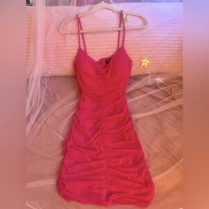 💓 Bebe Hot Pink Ruched Mesh Bodycon Mini Dress | L | Barbie Summer Ready ☀️